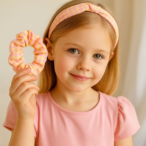 Girls Pink & Yellow Check Headband & Scrunchie Set – Stylish Hair Accessory Bund - Picture 2 of 12